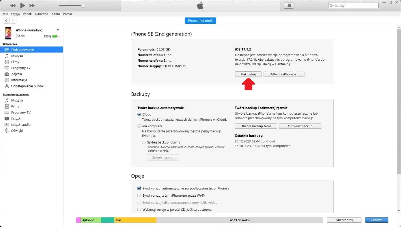 Aktualizacja iOS przez iTunes